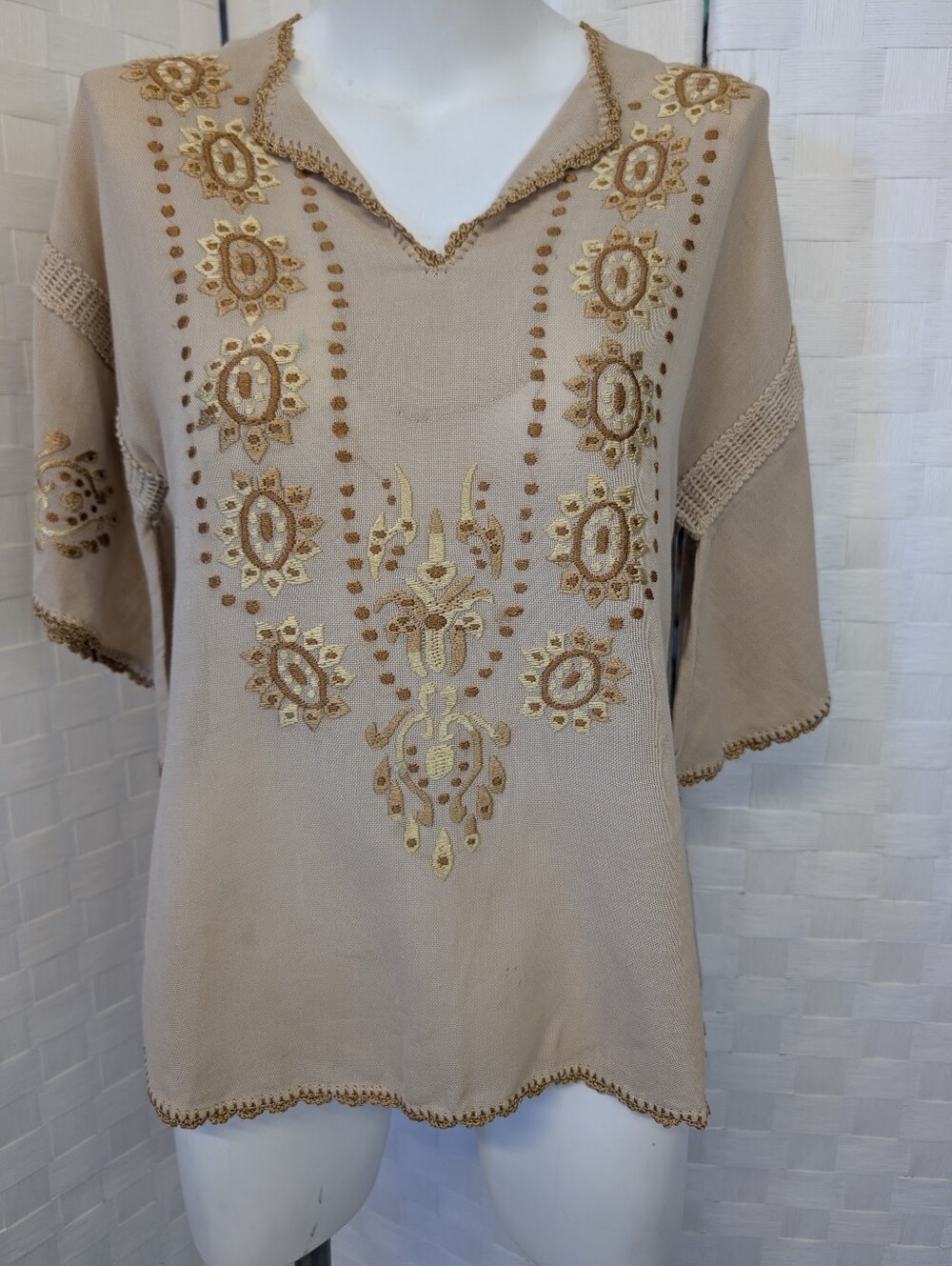 Vintage Top Bohemian Hippie  Beige Embroidered V-Neck Bell Sleeves